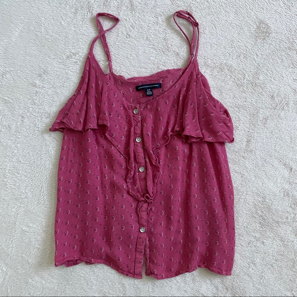 pink floral patterned ruffle tank top